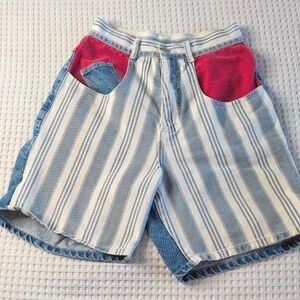 Vintage Striped Denim Shorts with Red Accents